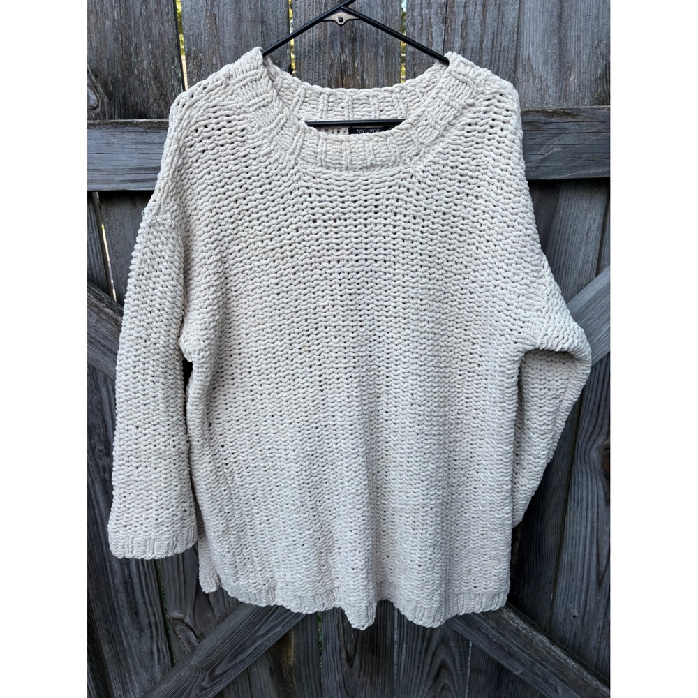 NIC+ZOE Women Cream Chenille Chunky Open Knit Pullover Sweater Size M/L